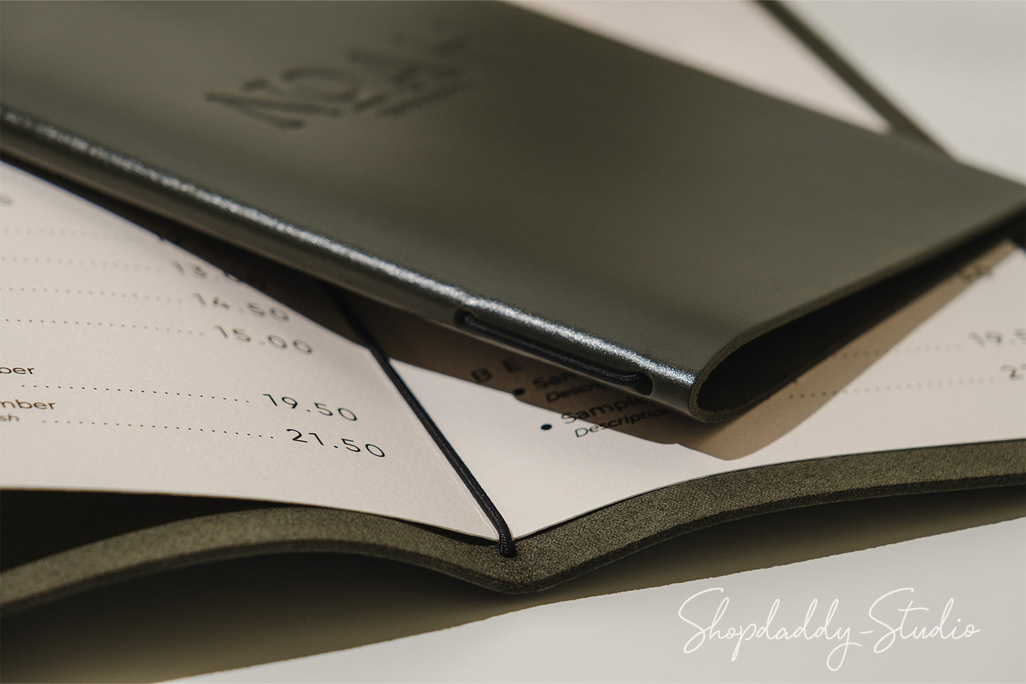 Handmade Green Thick Leather Menu Cover with Elastic Band 