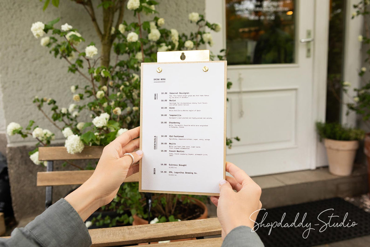 Hanging Wood Menu Holder With Brass Plank