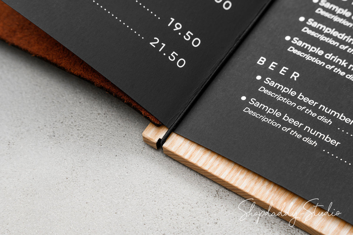 Lacquer Menu Holder With Leather Cover And Elastic Band