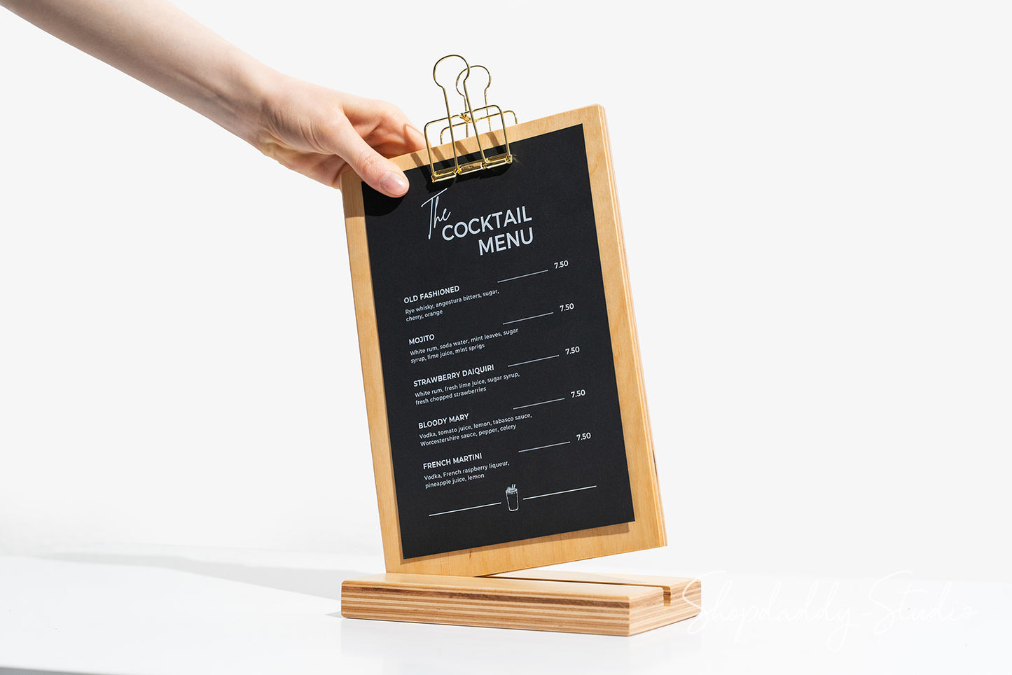 Lacquer Straight Wooden Table Stand with Golden Binder for Menu Display