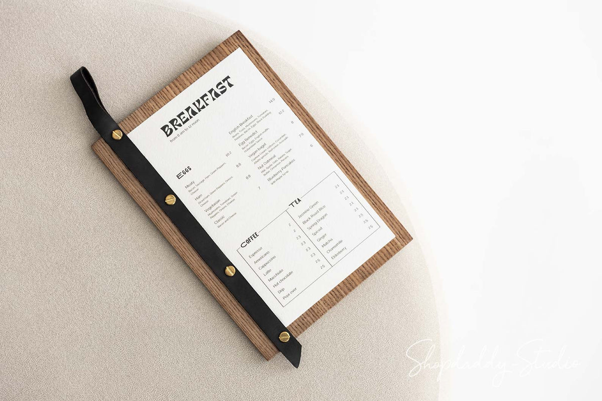 Lacquer Wooden Menu Holder With Leather Loop