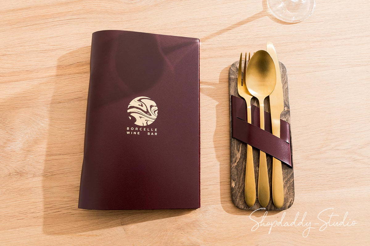 Leather binderview menu cover for restaurant with logo