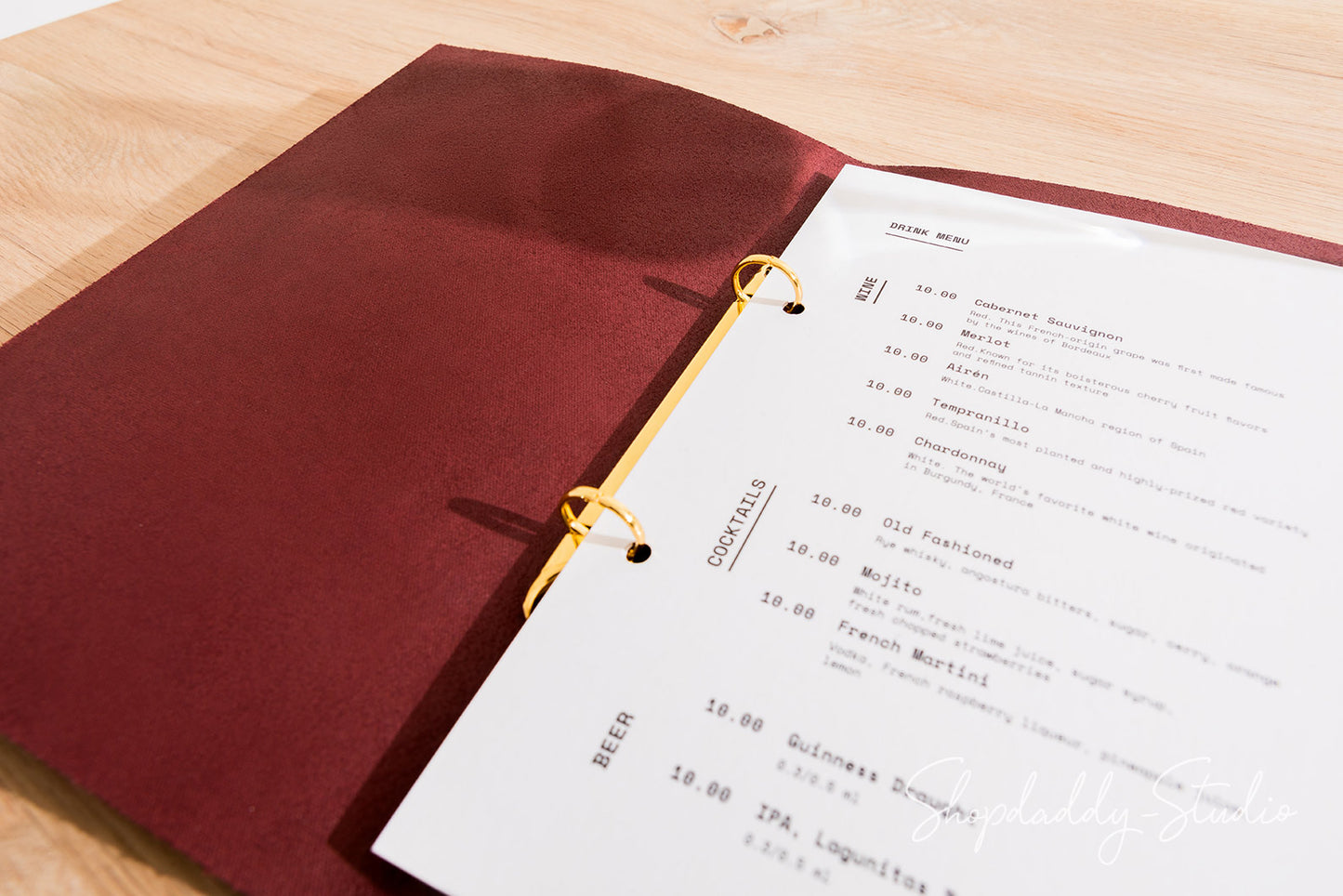 Leather menu cover with ring bider for restaurant with logo