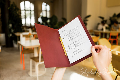 Leather menu holder with ring bider for restaurant