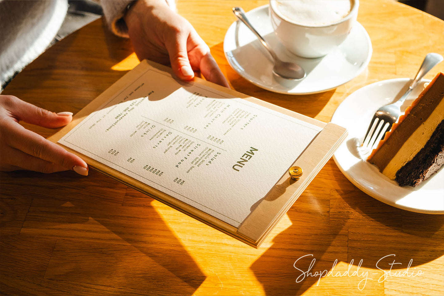 Lightweight plywood menu board with a brass screw, perfect for cafes and restaurants