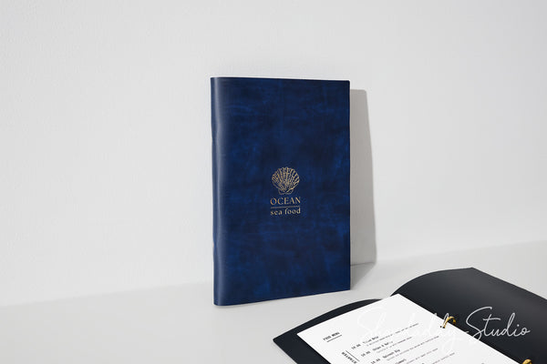 Luxury Antique Blue Recycled Leather Menu Cover with Rings Mechanism