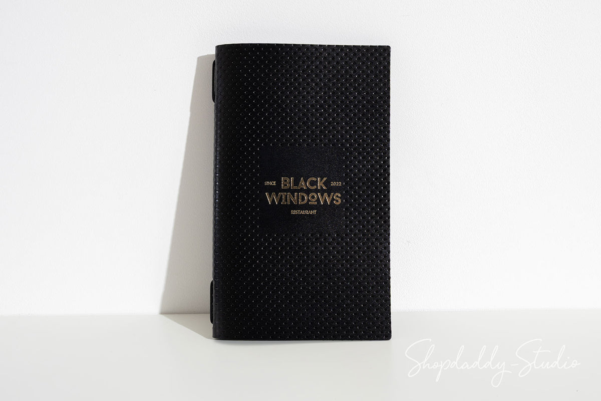 Luxury Black Leather Menu Cover with Perforated Pattern