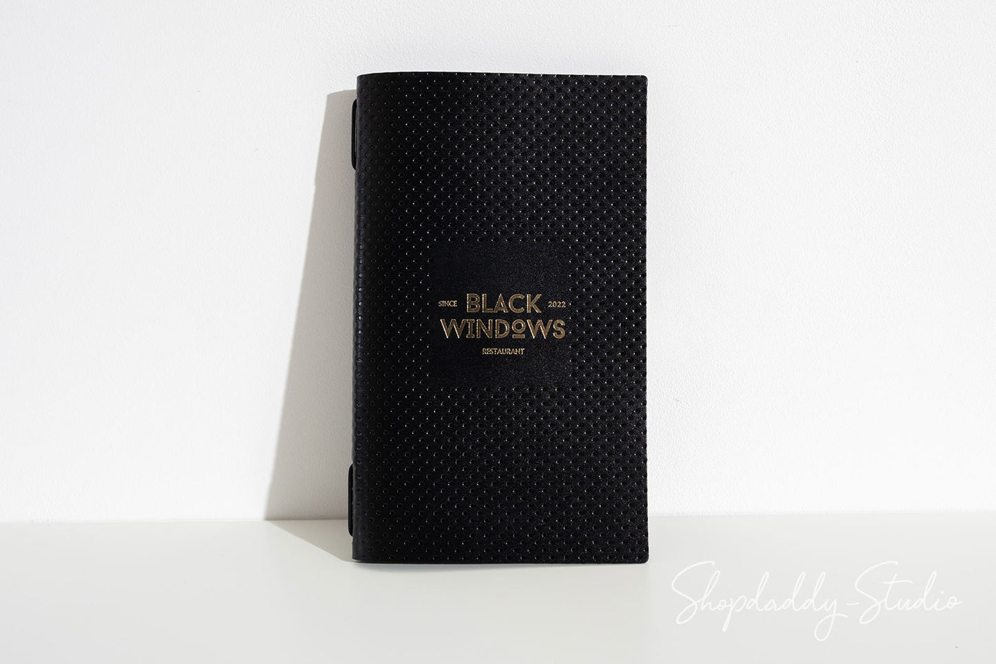 Luxury Black Leather Menu Cover with Perforated Pattern