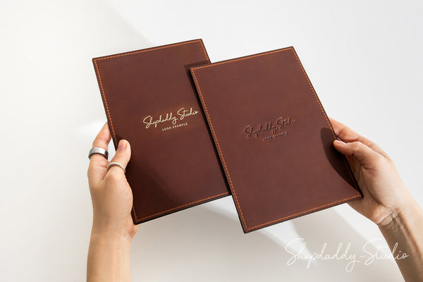 Luxury Brown Leather Menu Holder with Top & Bottom Pockets