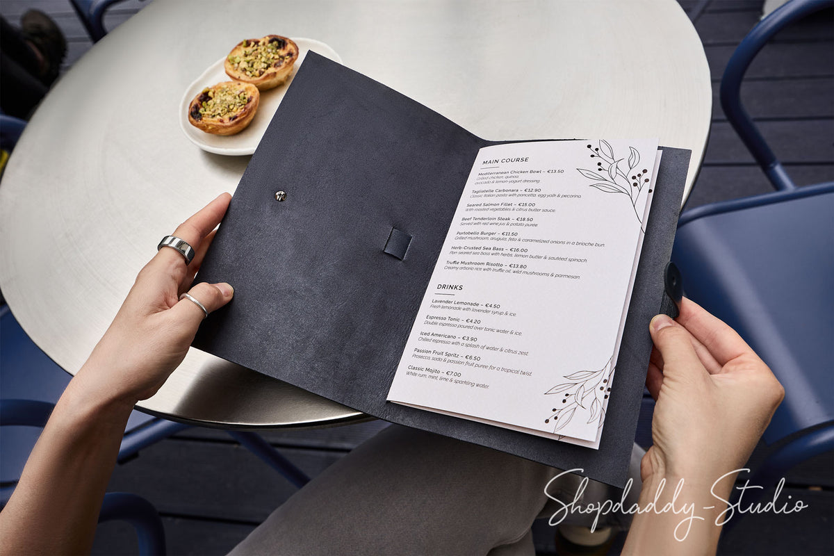 Luxury Dark Blue Thick Leather Menu Cover with Leather Belt