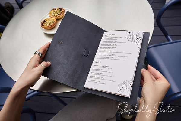Luxury Dark Blue Thick Leather Menu Cover with Leather Belt