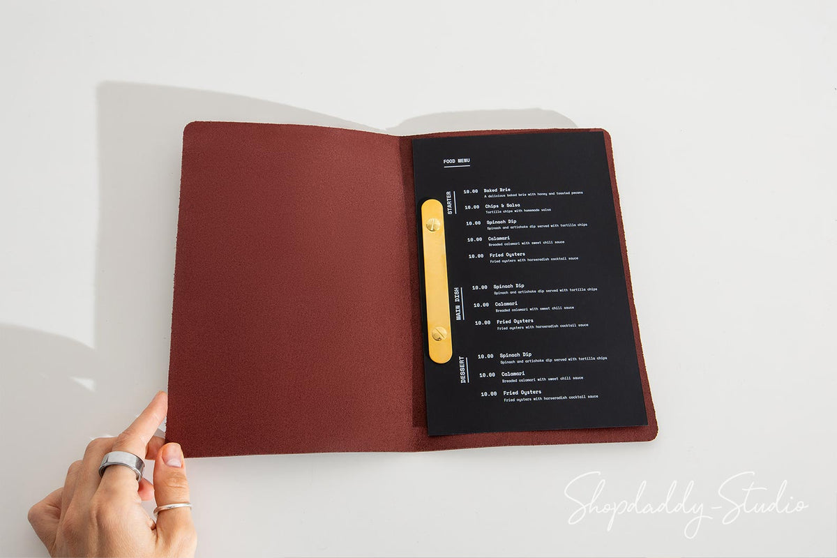 Luxury Purple Thick Leather Menu Cover with Brass Plank