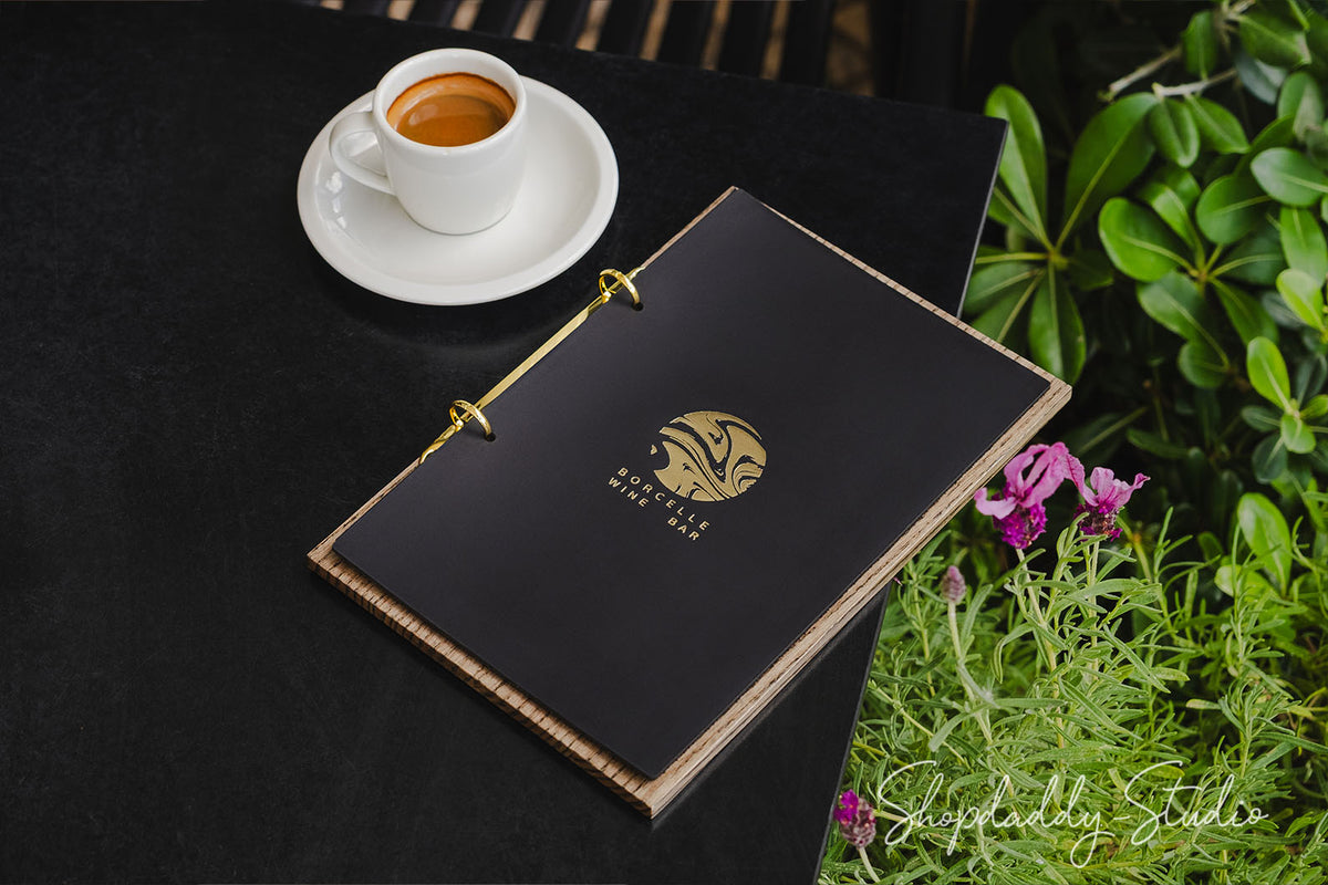 Luxury Walnut Menu Holder with Black Leather Cover and Rings Mechanism