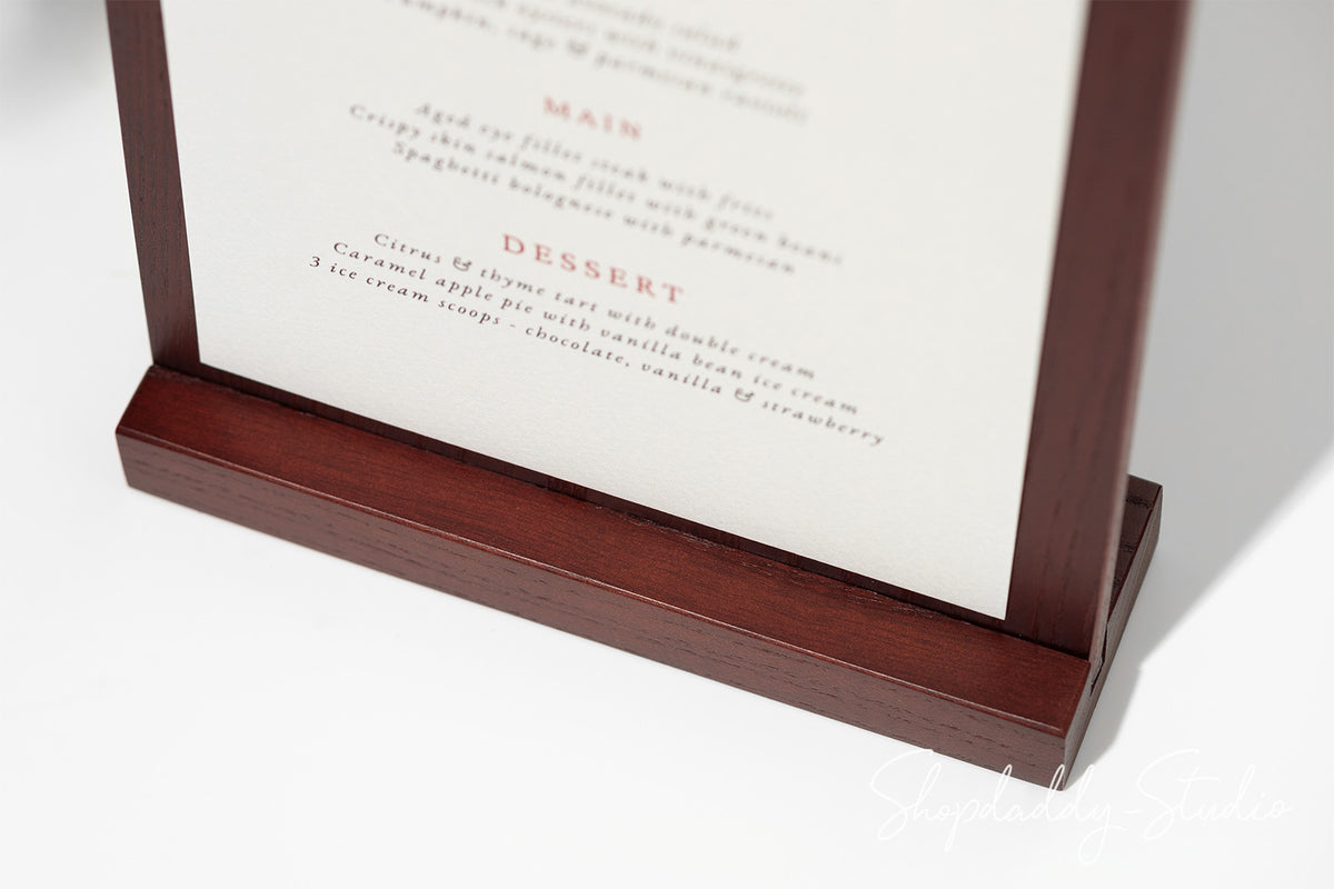 Mahogany Angled Wooden Table Stand with Metal Clip for bars