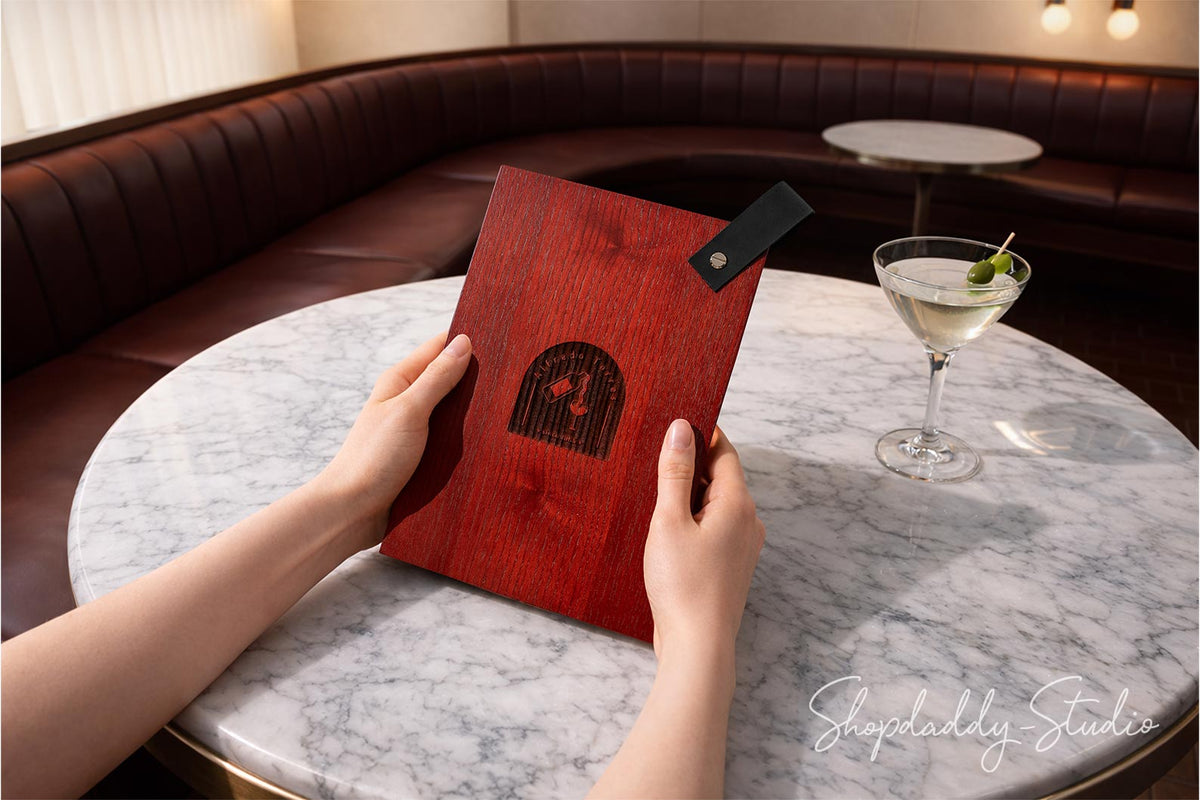 Mahogany Menu Holder with Leather Loop for Cafes and Bars