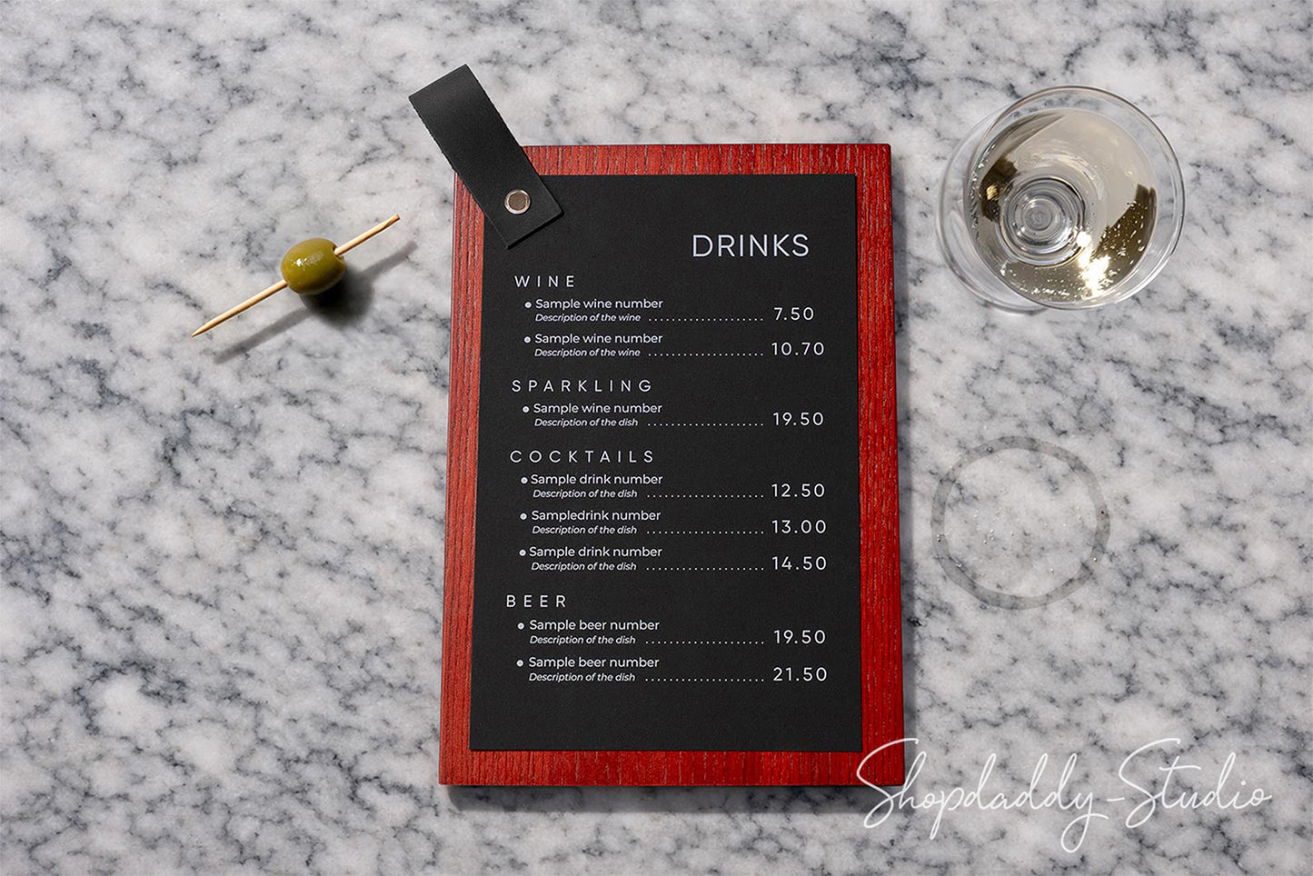 Mahogany Menu Holder with Leather Loop for Hospitality