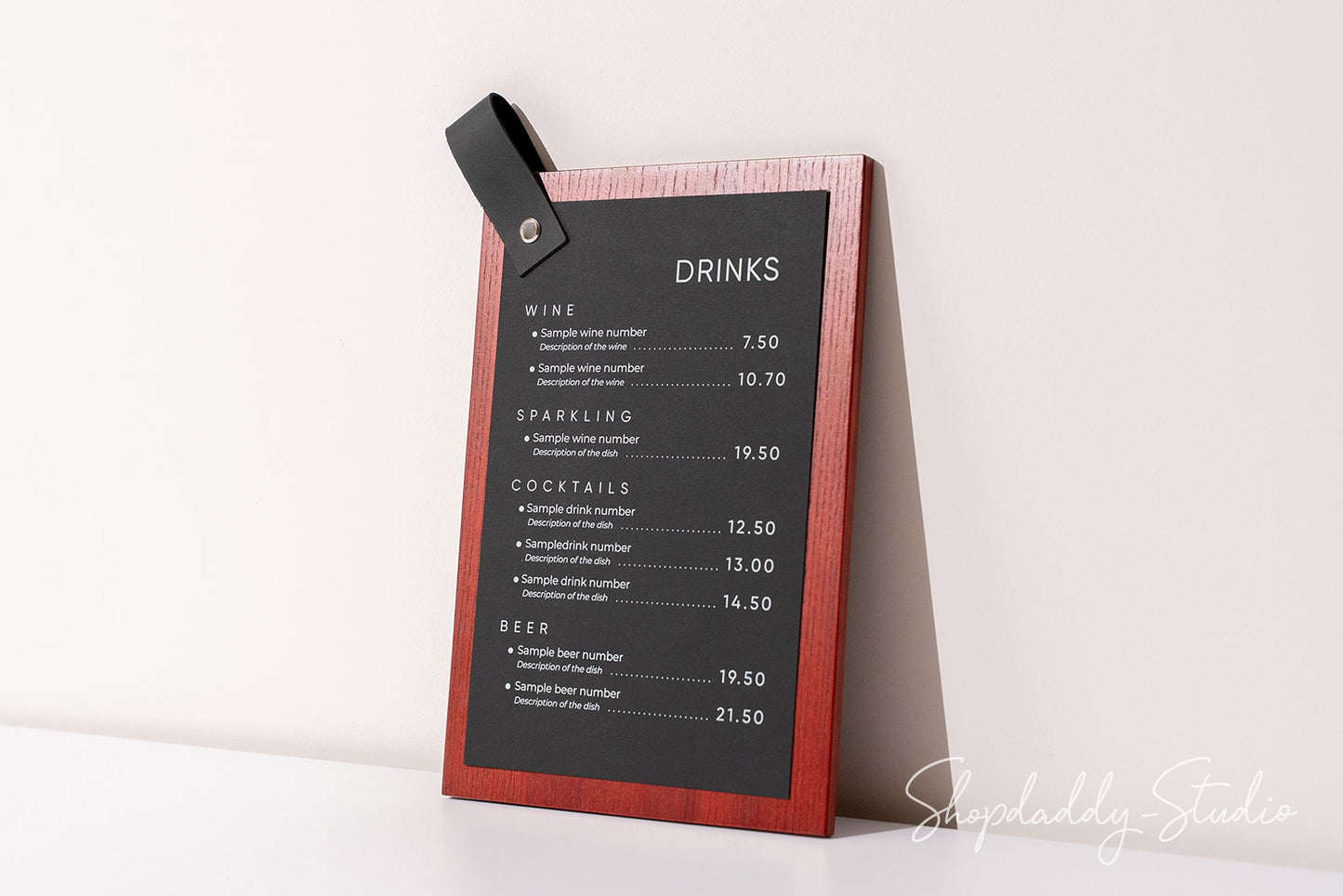 Mahogany Menu Holder with Leather Loop with Custom Logo