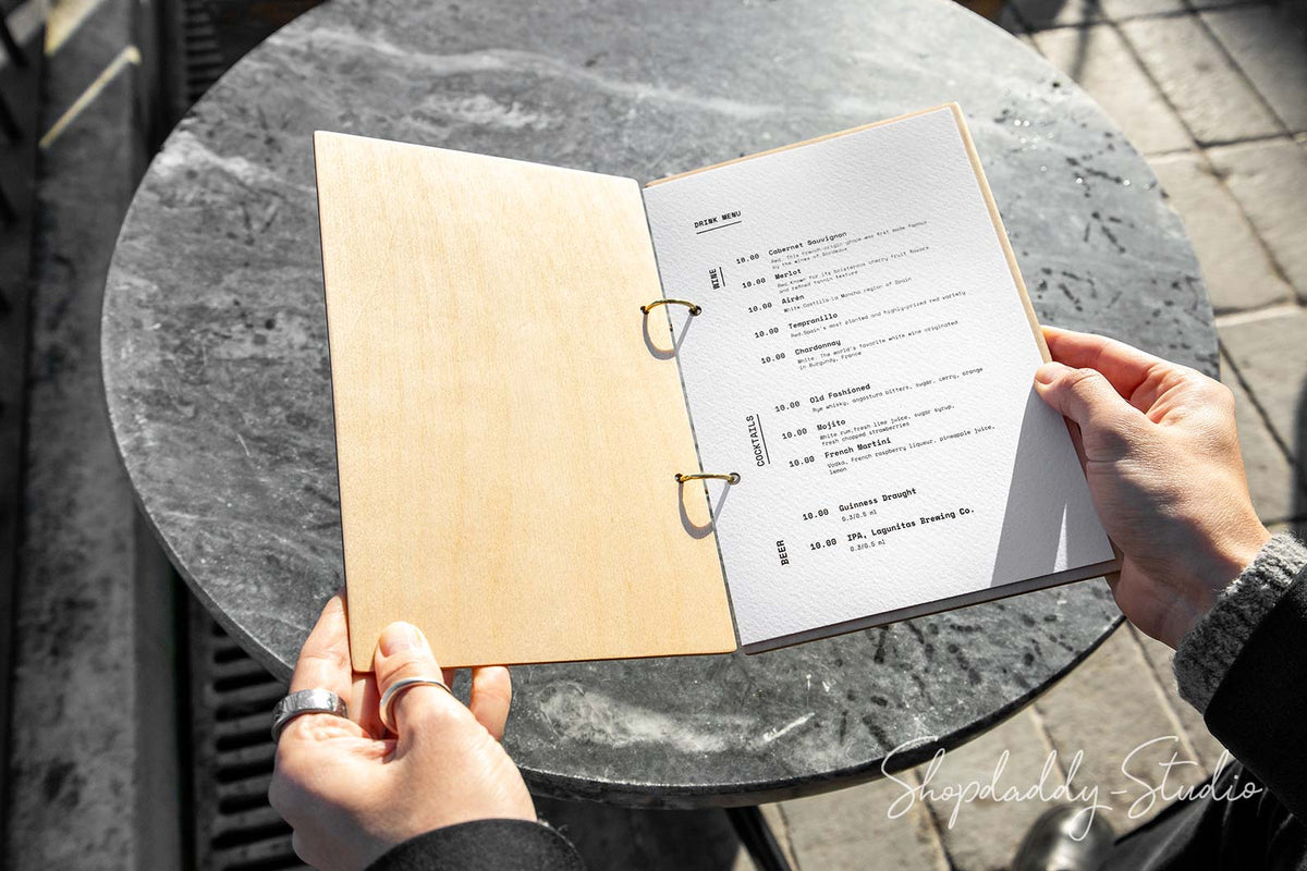 Matt Lacquer Plywood Menu Book with Golden Rings for Cafes and Bars