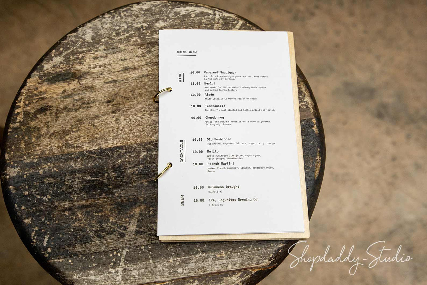 Matt Lacquer Plywood Menu Book with Golden Rings for Drink Menus