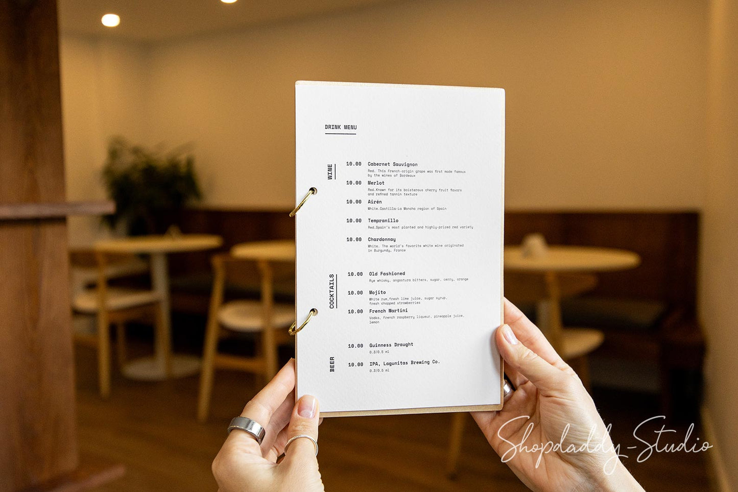 Matt Lacquer Plywood Menu Book with Golden Rings for Hospitality