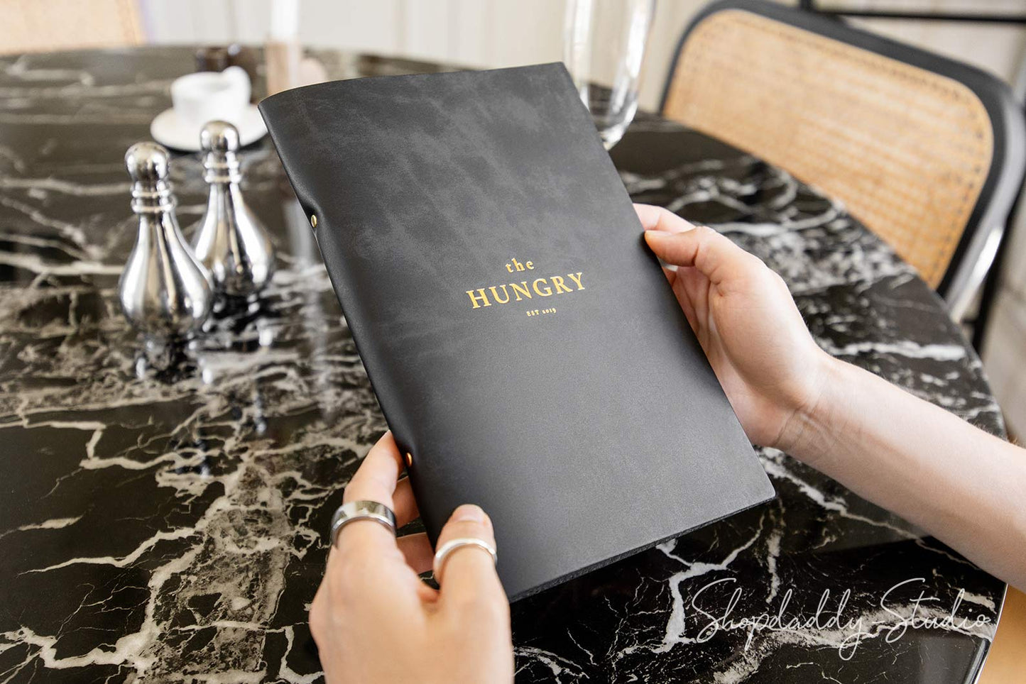 Recycled leather menu cover with metal ring binder and custom logo