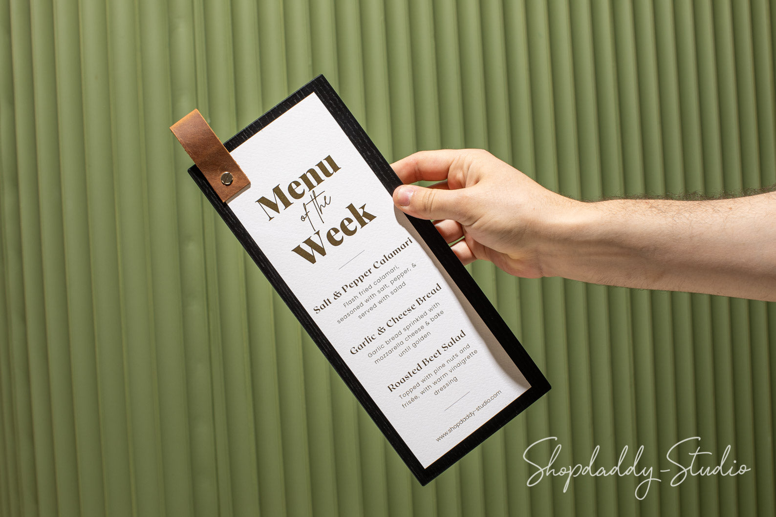 Black Menu Holder with Leather Loop – Shopdaddy-Studio