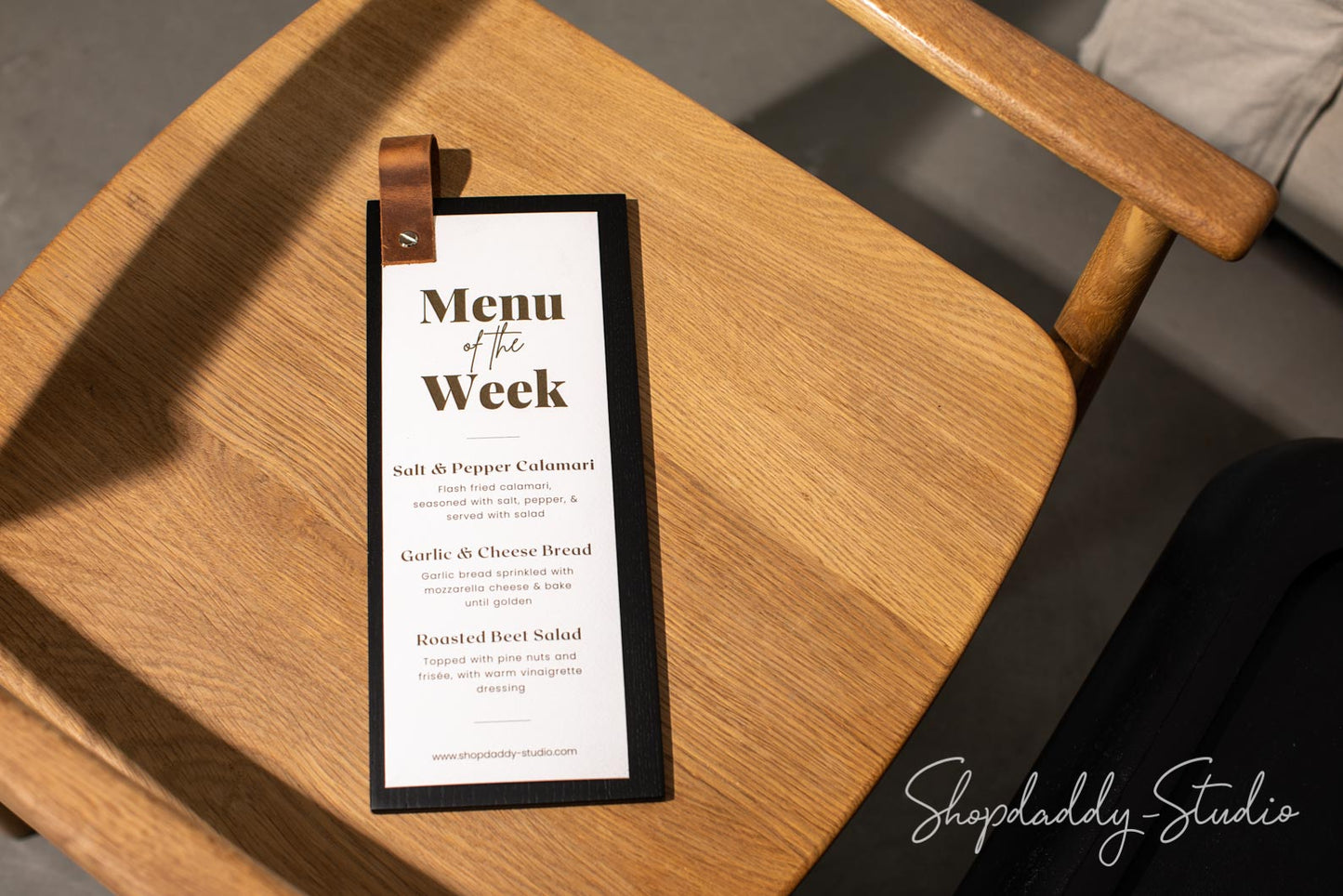 Menu Holder with Leather Loop and logo