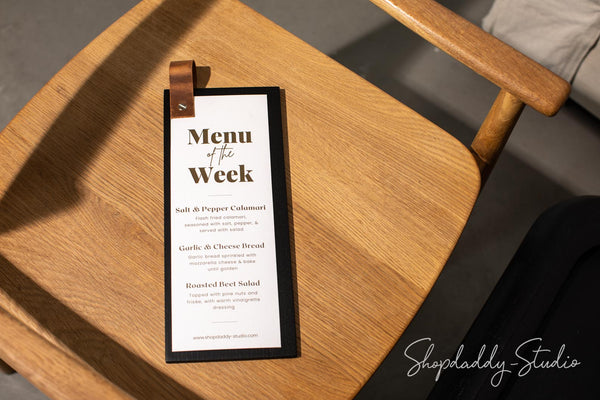 Menu Holder with Leather Loop and logo