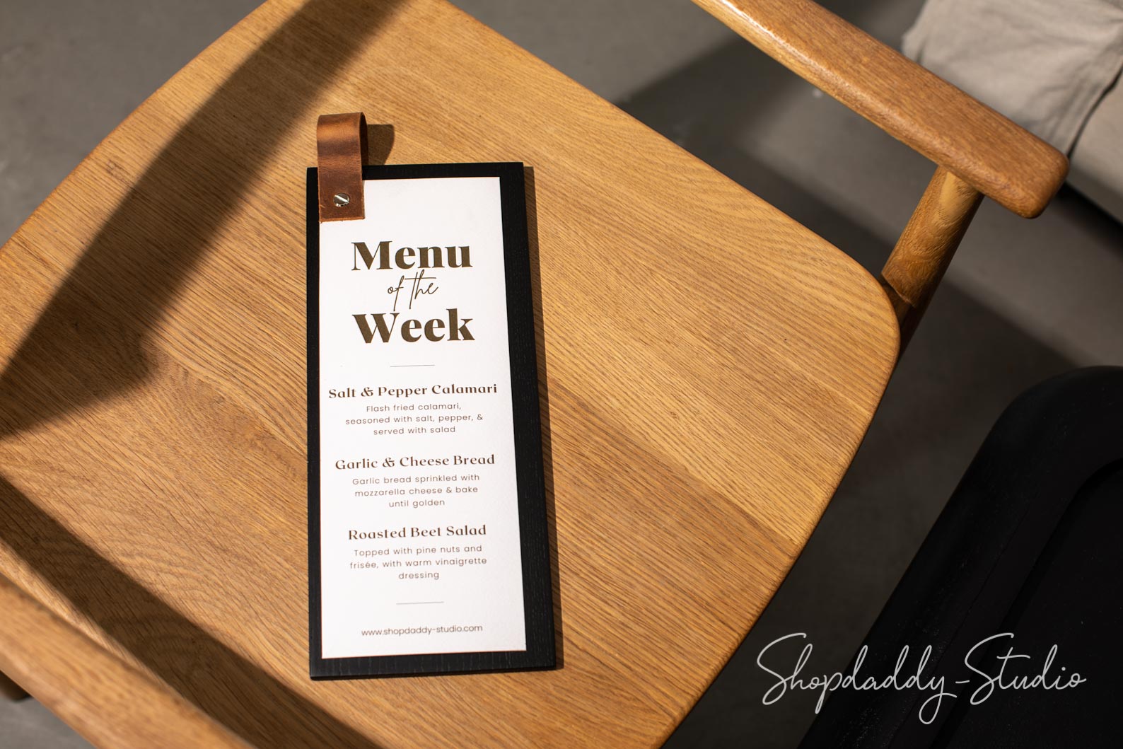 Black Menu Holder with Leather Loop – Shopdaddy-Studio