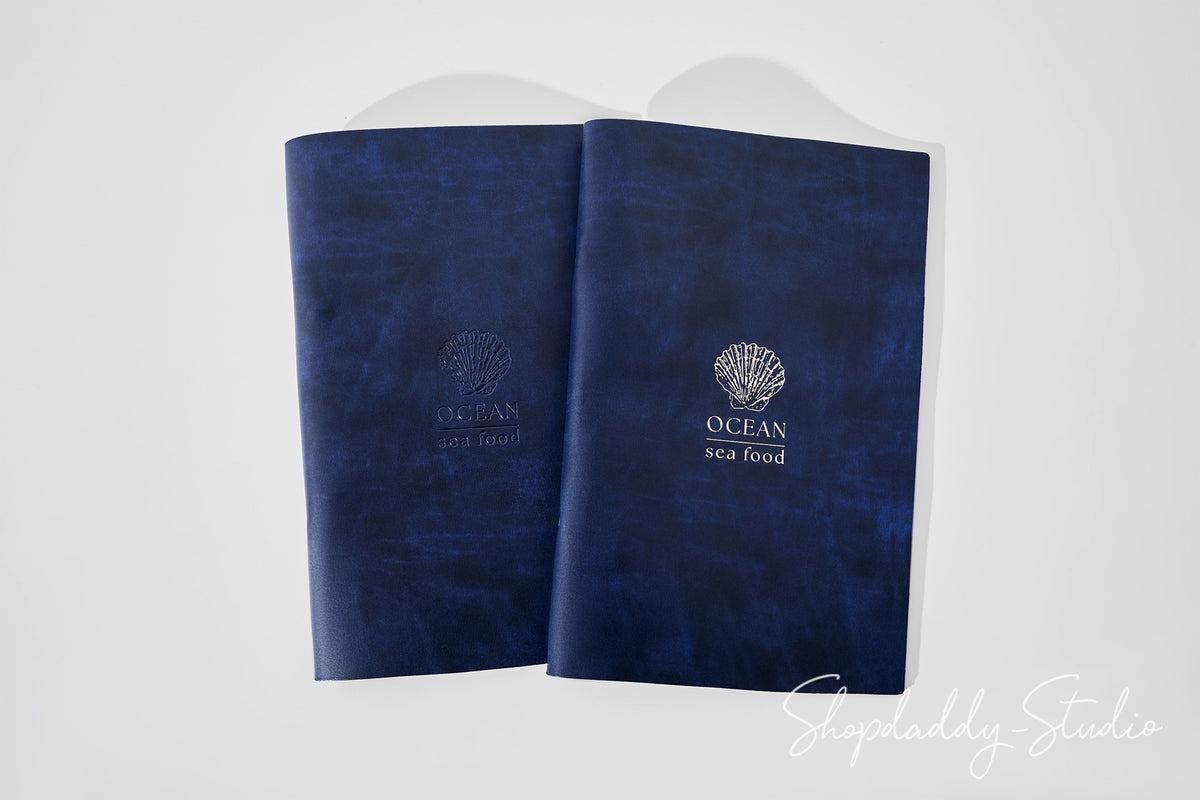 Minimalist Antique Blue Recycled Leather Menu Cover with Rings Mechanism