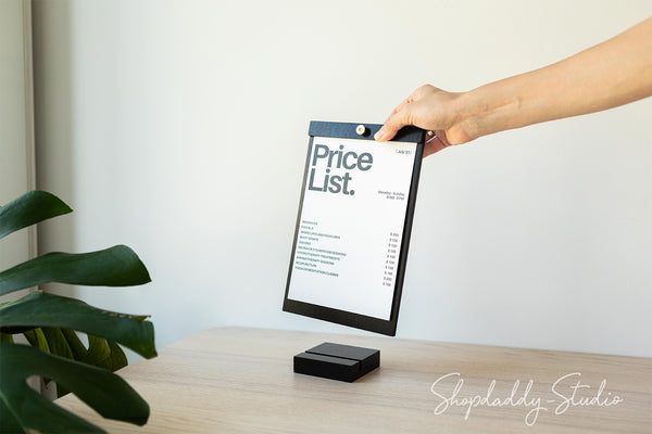 Minimalist Black Angled Wooden Menu Holder with Brass Srew