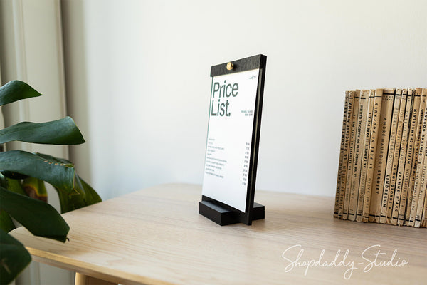 Minimalist Black Angled Wooden Menu Holder with Brass Srew