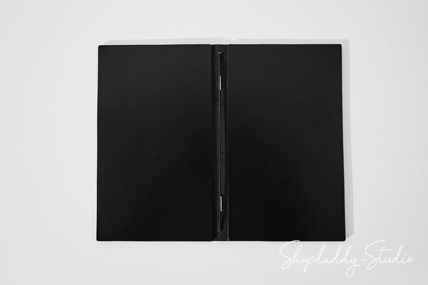 Minimalist Black Double Thick Leather Menu Cover with Elastic Band