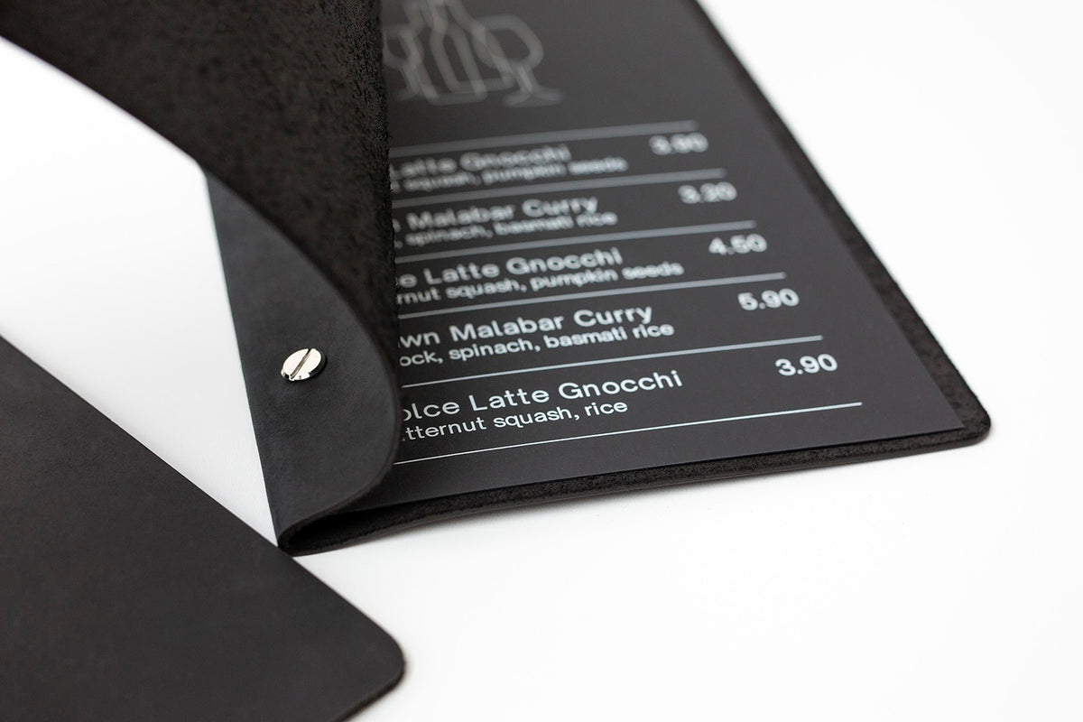 Minimalist Black Leather Menu Cover with Brass Bolts