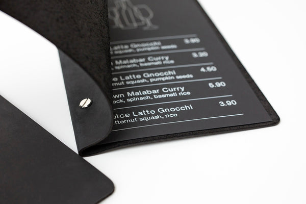 Minimalist Black Leather Menu Cover with Brass Bolts