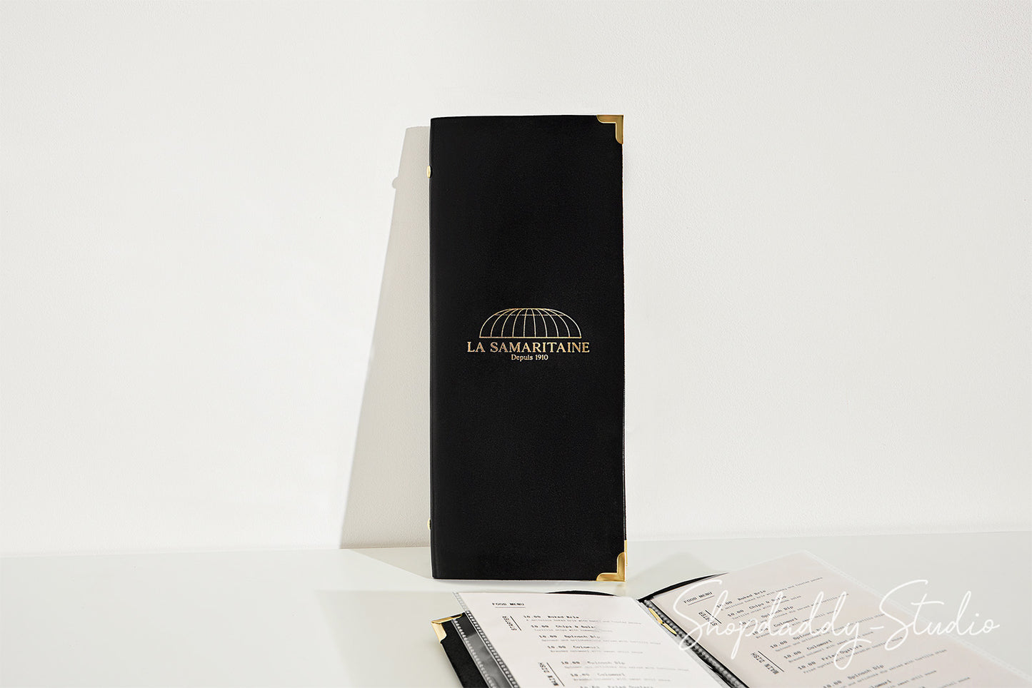 Minimalist Black Thick Leather Menu Cover with Plastic Sleeves and Corners