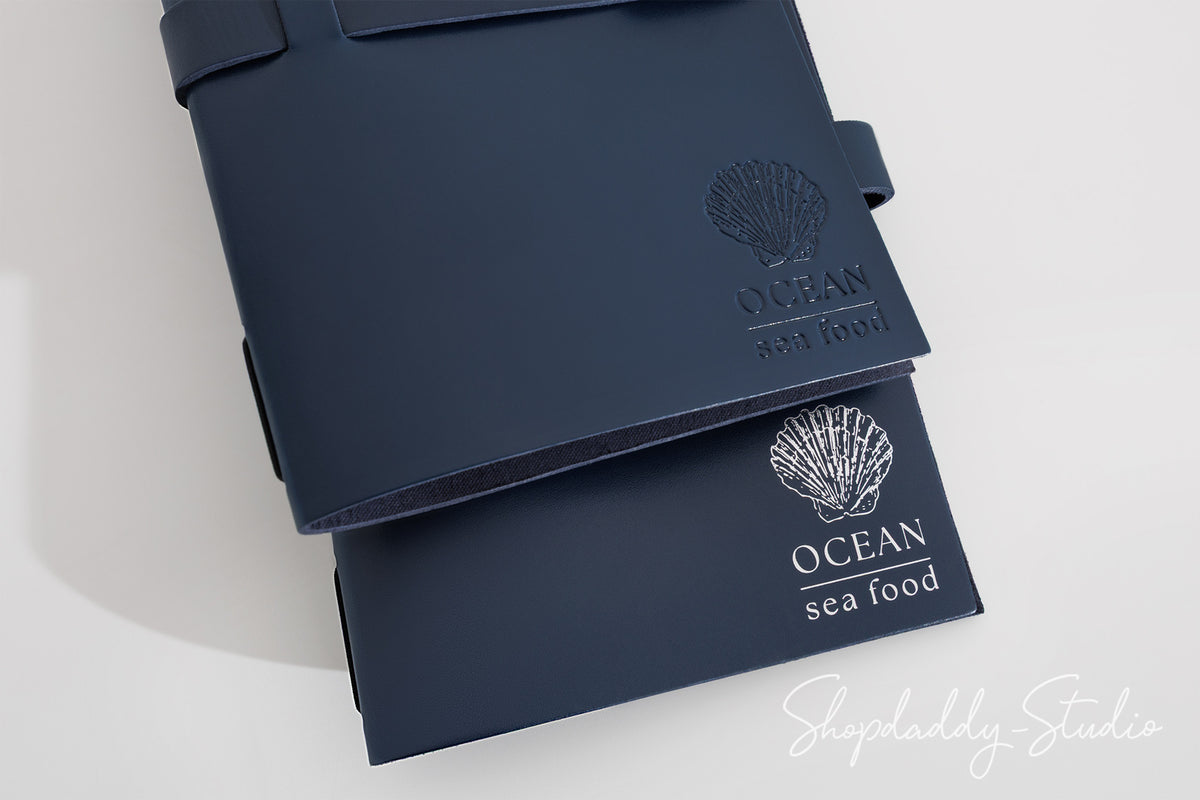 Minimalist Dark Blue Thick Leather Menu Cover with Leather Belt
