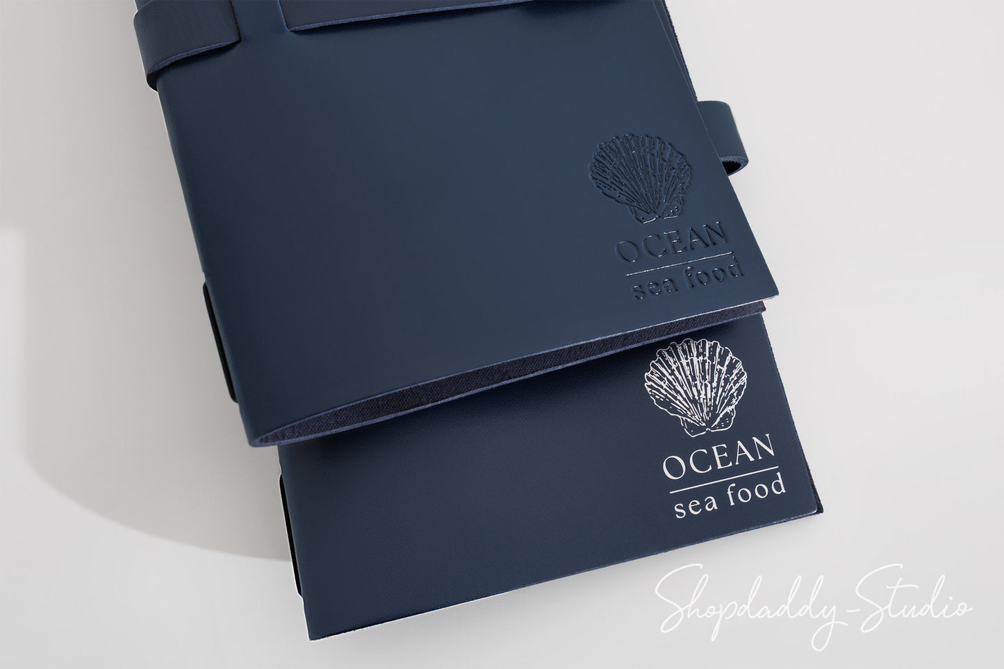 Minimalist Dark Blue Thick Leather Menu Cover with Leather Belt