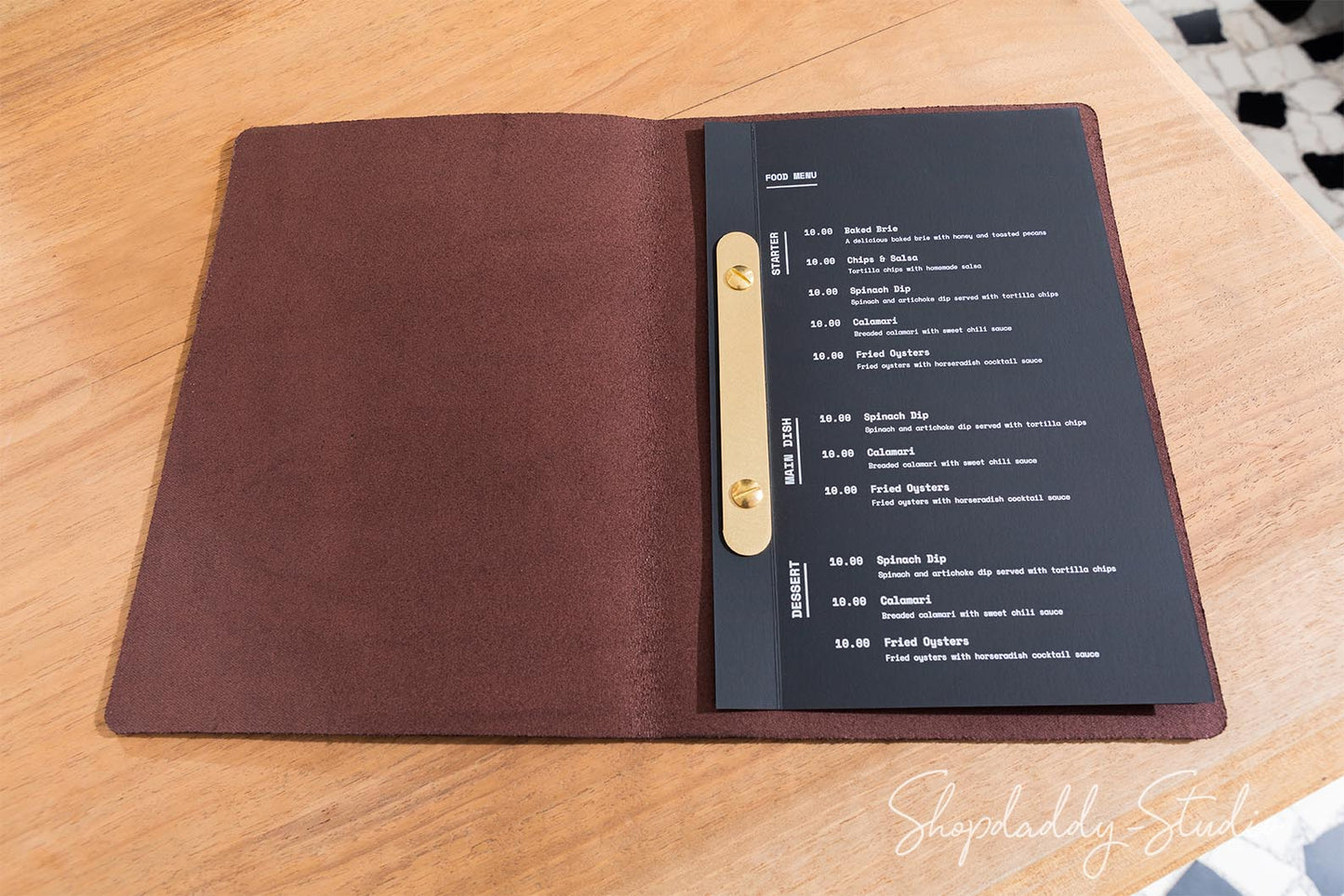 Dark Brown Thick Leather Menu Cover with Brass Plank
