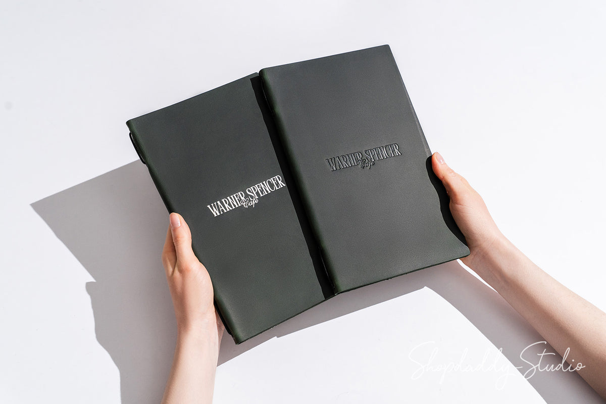 Minimalist Green Double Leather Menu Cover with Elastic Band