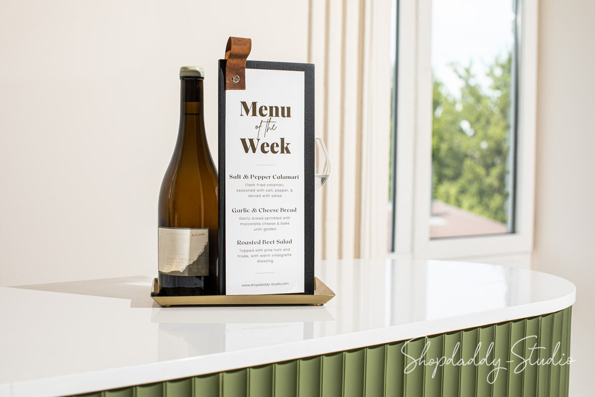 Minimalist Menu Board with Leather Loop and logo