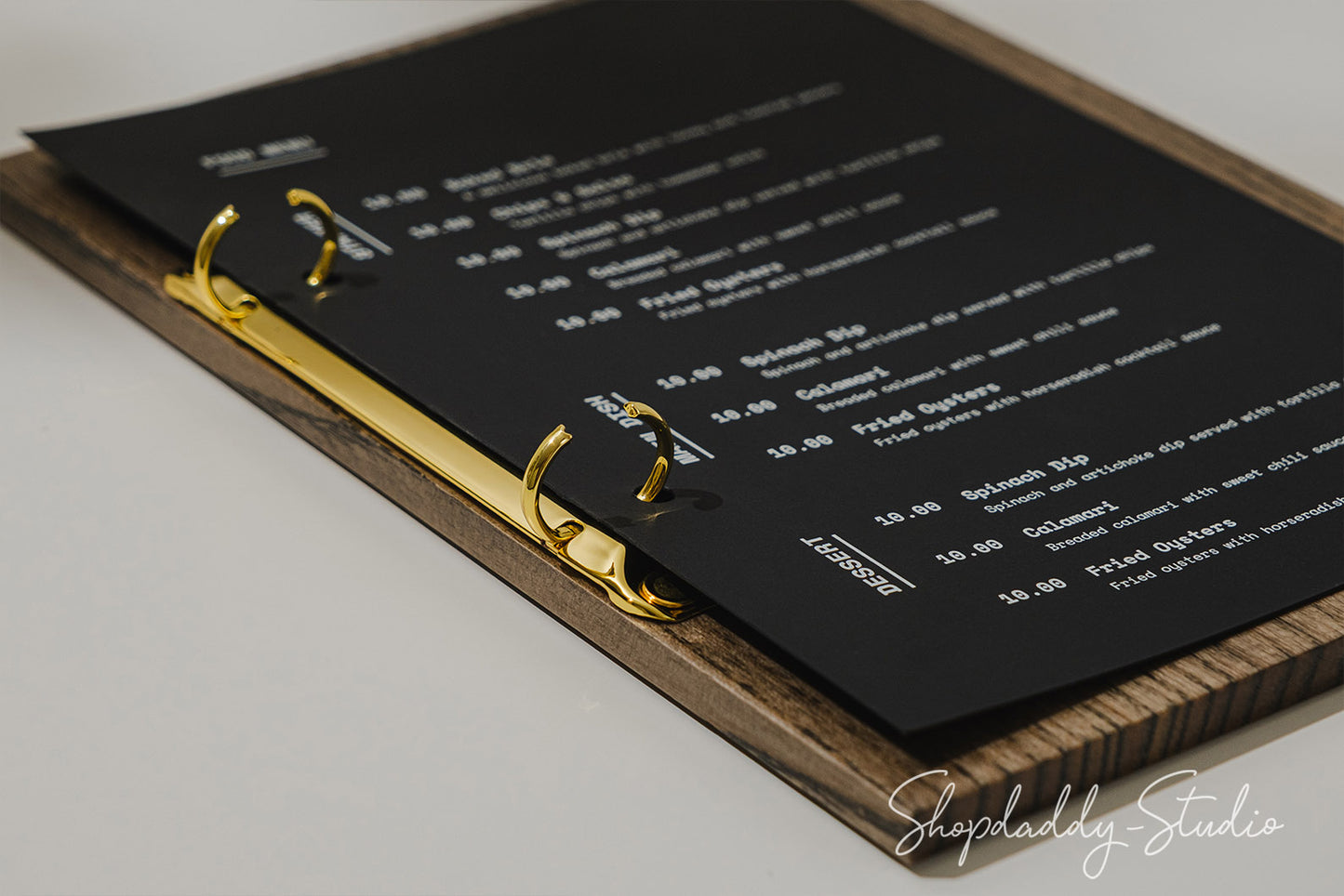 Minimalist Walnut Menu Holder with Black Leather Cover and Rings Mechanism