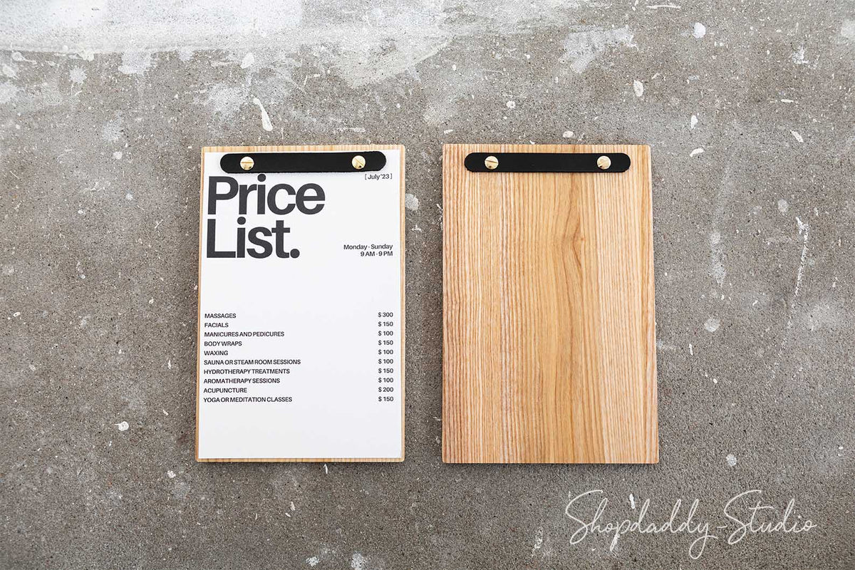 Minimalist Wood Menu Holder With Rounded Leather Plank