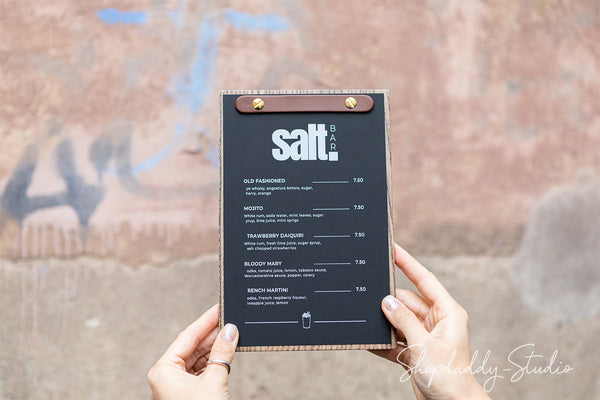 Minimalist Wooden Menu Holder With Rounded Leather Plank