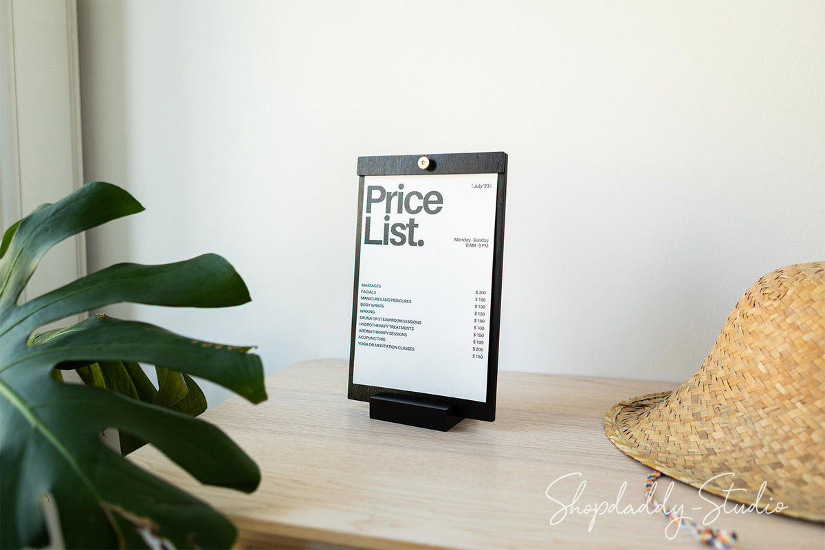 Minimalist Black Angled Wooden Menu Holder with Brass Srew