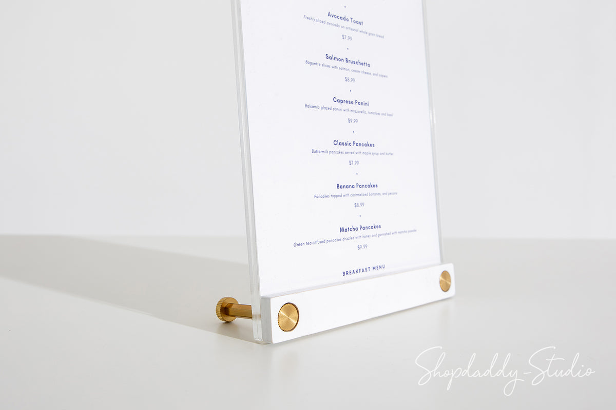 Modern Acrylic Table Top Menu Holder with White Ashwood Stand and Brass Screws
