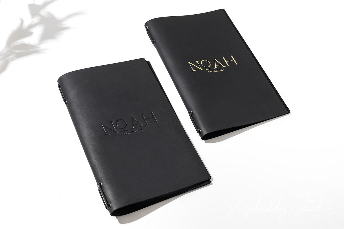 Modern Black Leather Menu Folder with Two Elastic Bands