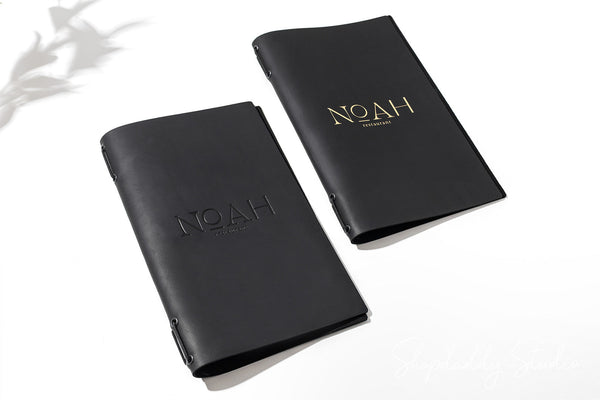Modern Black Leather Menu Folder with Two Elastic Bands