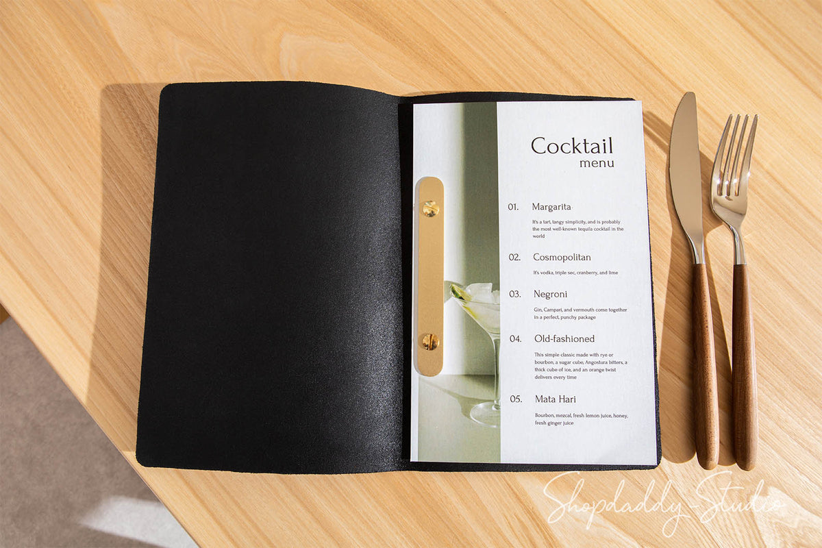 Modern Black Leather Restaurant Menu Cover Book Minimalist