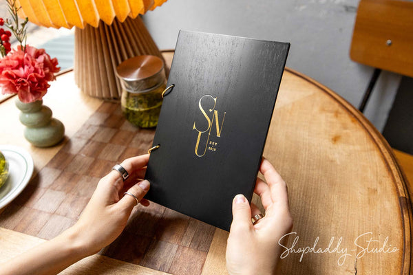 Modern Black Plywood Menu Book with Golden Rings